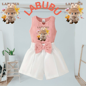 Setelan Labubu Karakter Lucu dengan Kerah Besar dan Pita - Bahan Lembut untuk Usia 6-12 Bulan hingga 6 Tahun