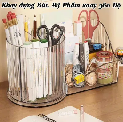 Khay Nhựa Đựng Trong Suốt Xoay 360 Độ 23924 - Khay Đựng Bút Cọ Trang Điểm Đồ Dùng Học Tập Vân Sọc Để Bàn Tiện Lợi khay nhựa ống đụng bút ống đựng cọ trang điểm hộp nhựa để bàn hộp