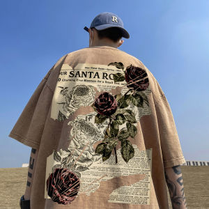 美式短袖T恤男款夏季重磅水洗宽松大码潮牌高街复古玫瑰印花半袖