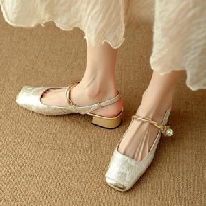 New Chinese Style Sandals for Women Block Heel Soft Sole Sandals Satin Lazy Shoes