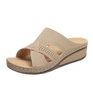 [Free Shipping] Summer Wedge Low-Top Round-Toe Stitched Solid Color Hollow Casual Cross-Strap Large-Size Sandals