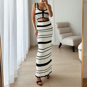 Elegant Striped Knitting Skirt Set  2-piece Outfits Button Closure Tank Top High Waist Maxi Skirts Summer Female Chic Lady Suit2026