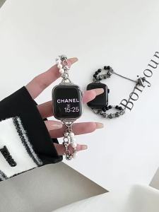 Pearl Chain Strap For Applle Watch Band 45mm 44mm 41mm 40mm Women Beaded Elastic Jewelry Stretch i Watch Series 42mm 38mm㏇0708
