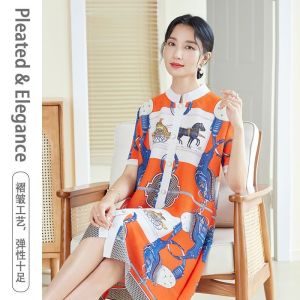 Nova quality⭐One person one pleat ⭐New Miyake Loose Pleated Printed DressShort Sleeve Cardigan Big Size French Dresses