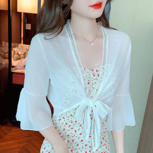 Impression Fashion Women Elegant Korean Plain Chiffon Half Flare Sleeve Front-tie Short Sun-protective Shawl Cardigan