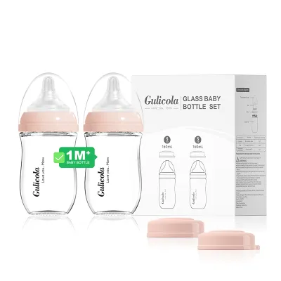 Gulicola 2-PACK 5oz/160ml Glass Baby bottle set with anti-colic Nipple (1 months+)