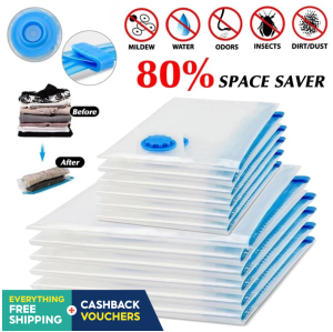 Vacuum Storage Bag with Valve Sealer Space Saving Compression Bags for Clothes Blanket Pillow Wardrobe Organizer Travel Luggage Storage Waterproof Reusable Seal Bags Home Closet Organizer Space Saver