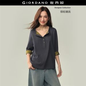 GIORDANO Women T-Shirts Two-Tone Placket Tee Henley Neck Long Sleeve Fashionable Casual Relaxed T-Shirts 18326315