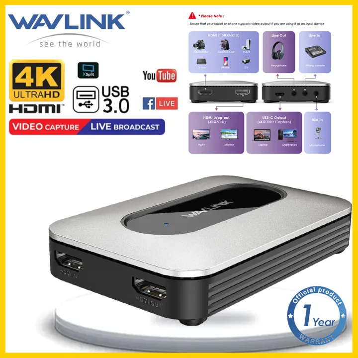 Wavlink 4K USB 3.0 Type-C HDMI Video Capture Card 1080P HD HDMI Video Recording Box for Ultra Low Latency Live/Game StreamingVRR Support Plug and Play, for