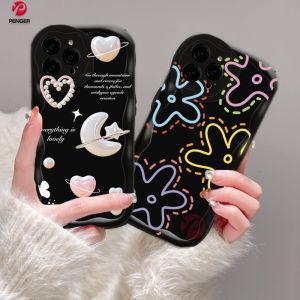 (Lokal Ready) PENGER Casing hp iPhone 11 12 14 13 12 Pro Max XR 7Plus iPhone 15 Pro Max X XS Max 6s 7 8 6 Plus SE 2020 Romantis Pearl Moon 3D Wavy Curved Edge Love Heart Soft Case
