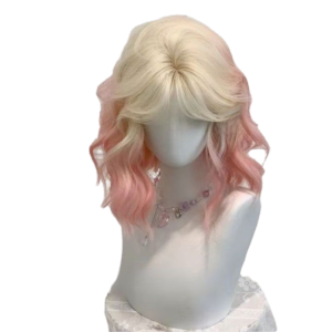 OMQAIO Simulated Scalp Ombre Pink Blue Bob Wig Halloween Cosplay Short Curly Wave Wigs Headband Wigs Breathable Synthetic Layered Wig Summer