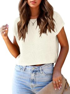 Saodimallsu Womens Cap Sleeve Crop Tops Summer Trendy Going Out Crew Neck Loose Knit Cropped Sweater Vest Tank Top