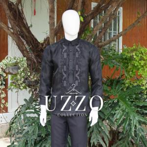 UZZO Modern Barong Black Organza Long Sleeves Sports Collar w/ Lining Embroidered Chinese S to 2XL Half-Open Formal Top