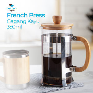 One Two Cups French Press Coffee Maker Pot Gagang Kayu 350 ml