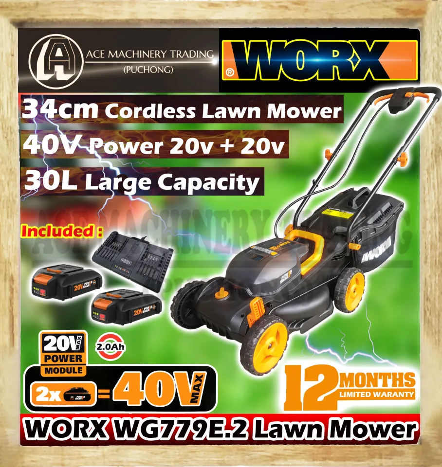 Worx Lawn Mower 34cm WG779E.2 20Vx2 Convert 40V 30L Capacity