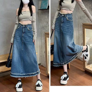 rok jeans panjang korean style 7/8 HW rok a line rok denim cewek midi skirt terbaru 2024