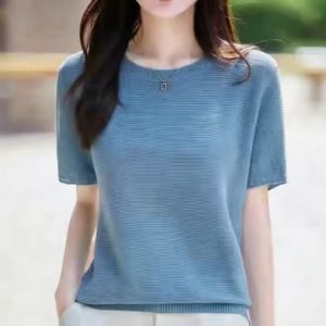 Summer 100% Pure Cotton Womens Short Sleeved Casual Solid Color T-Shirt Round Neck Tees Loose Pullover Tops Knit Blouse Basic2026
