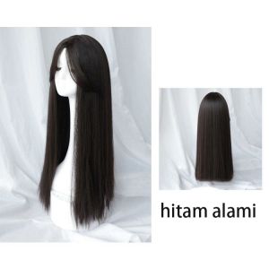 Wig jepit rambut wanita hitam lurus gaya Korea klip rambut wig wanita panjang 75cm klip rambut wig