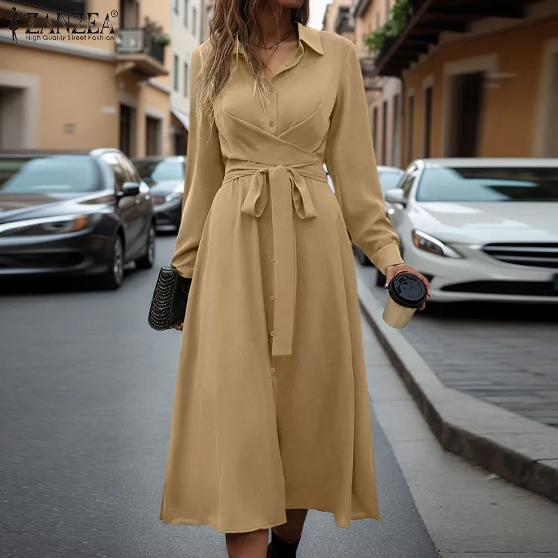 knee length dresses for ladies Vestidos ZANZEA Women Retro Long Dress Elegant Ladies Long Sleeve Deep main image 0