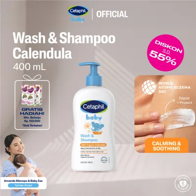 Cetaphil Baby Wash & Shampoo with Organic Calendula 400ml Sabun Mandi dan Shampo untuk Perawatan Kulit Bayi Cocok Untuk Kulit Sensitif