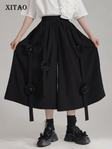 XITAO Black Casual Wide Leg Pants Personality Three-dimensional Flower Splicing Decoration Women Pants Summer LYD1890