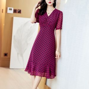 Spring 2024 New Fashion Floral Chiffon V-neck Short Sleeve Elegant Dress Ladies Temperament Ruffles Slim Midi Dress Womens