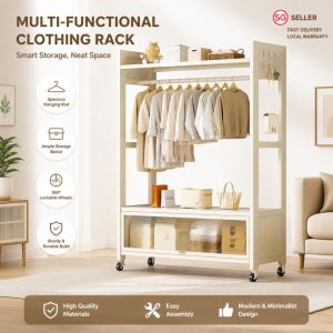 Mobile Rolling Open Wardrobe Clothes Rack Multi‑Layer Garment Rack with Storage Cabinet Heavy Duty Clothing Organizer