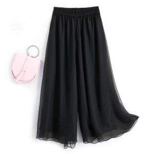 Women Palazzo Casual Wide Leg Culottes Chiffon Loose Pants Seluar Black White straight cut pants