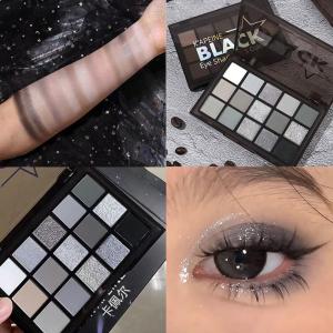 Kapeine 15 Colors Smokey Black Eyeshadow Palette Smoky Dark Black Grey Silver Glitter Matte Finish Long-Lasting Easy to Color