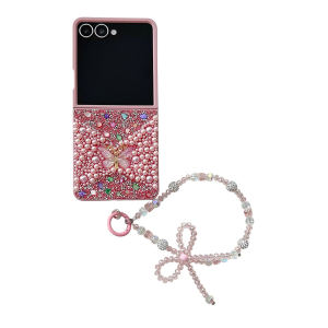 FCGem Butterfly Z Flip 7 Bling Diamond Case Cover Luxury Girly Pearl Rhinestone Jewels Samsung Galaxy Z Flip7 Casing Anti-Drop Durable Hard PC Phone Case with Beaded Strap