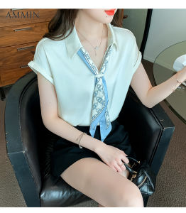 Ammin Áo cánh ngắn tay có nơ khí chất thời trang phong cách Hàn Quốc Khăn Quàng Cổ Lụa Áo Voan đi lại giản dị thanh lịch khí chất đơn giản Mới Mùa Hè 2023