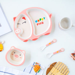 จานข้าวเด็ก จานเด็ก หมูชมพู เซต 5 ชิ้น ชุดทานอาหารจากเยื่อไผ่ ปลอดภัยจากสารพิษ เซ็ตจานข้าว Bamboo fiber tableware จานการ์ตูน จานเด็กยอดนิยม
