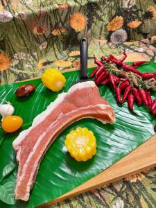 โมเดลซี่โครงหมูสดปลอม (ราคาไม่รวมถาดไม้) ขนาดยาว 24 ซม. กว้าง 6-8 ซม. วัสดุผลิตจากยาง ทนทาน