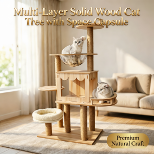 Cat Condo Wooden Cat Tree with Hammock Cat House Kitten Scratcher Sisal Pole Cat Scratching Post Tree Tower