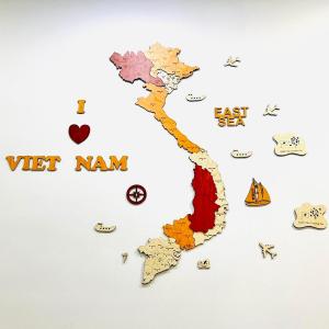 Tranh Gỗ Việt Nam 2D dán tường - 11 mảnh ghép - Hoàng Sa Trường Sa Côn Đảo Phú Quốc bộ chữ I 3 VIET NAM cùng 9 phụ kiện trang trí đi kèm: la bàn tàu thuyền máy bay EAST SEA...