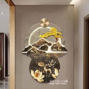 Tranh treo tường đèn led núi non hùng vĩ và cây tùng vàng tài lộc uv mặt mica sáng bóng
