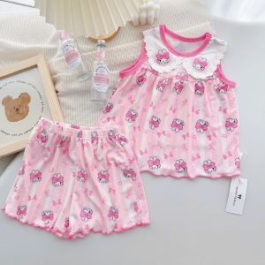 Girls Ice Silk Pajama Set kids Sleeveless pyjamas set Girl Kuromi Sleepwear Children doll collar pajamas my melody C141