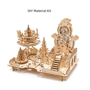YERZ Reindeer Christmas 3D Wooden Puzzle Material Packages Handmade Assembly Christmas Treehouse Model Kit Ornaments Snowman DIY Christmas Cottage Toy Christmas