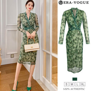 ZYHT eravogue Váy lưới in eo mảnh mai mỏng gợi cảm váy lưới dài cổ chữ V phụ nữ mới 5428