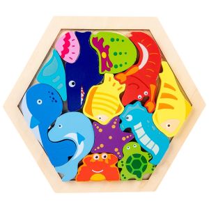 FUNToy Puzzle 3D Hexagon Animal Wooden Montessori Wooden Chunky Hexagon Puzzle Mencocokan Bentuk Karakter