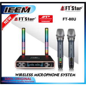 Megapro FT STAR wireless microphone system FT-80U with charging function and LED ambient light. Two microphones receiver with digital display buttons and colorful LED indicators.