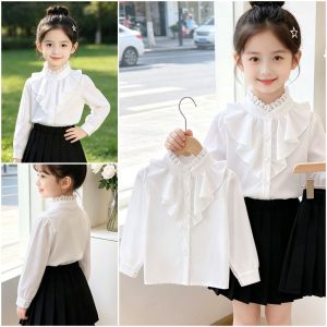 GTRBFDS Trắng Áo sơ mi dài tay nữ Ren Áo tay dài Cô gái áo trắng Thoải mái Vải chiffon Áo voan nữ Xuân Hạ Thu