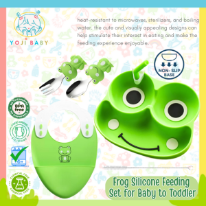 Yoji Baby Frog Silicone Feeding Weaning Set for Baby Kids Suction Plate Spoon Fork Bib Brush Straw