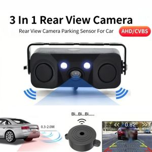 Car Rear View Backup Camera with Reversing Parking Sensor 3in 1 Buzzer Alarm Night Vision License Plate Lights Distance Control