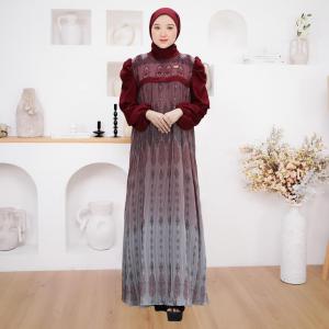 Gamis Cahya Delia Motif Plisket - Gamis Muslim Wanita - Gamis + Hijab Motif - Demore