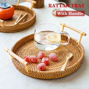 rattan basket  food storage   fruit storage bread storage  Storage Tray Round with Handle Hand-Woven Rattan Tray Wicker Basket Bread/Fruit/Food