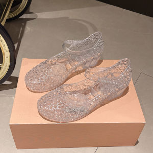 [Free Shipping] Fashionable womens sandals for outdoor wear crystal womens shoes wedge sandals mid-heel one-strap buckle closed-toe summer sandals