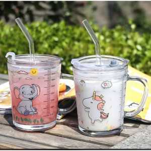 Lakuku - Gelas Minum Susu Sedotan Anak bahan Kaca 400ml