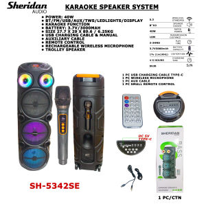Sheridan Audio SH-5342SE 40W Karaoke Trolley Speaker with Bluetooth 5.3 USB FM AUX TWS LED Lights Wireless Microphone Remote Control