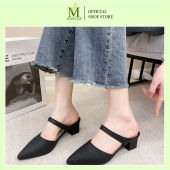 Marche Womens Korean Style Pointed Toe Half Mules Mid Heel Casual Office Shoes Elegant Classy Fashion Ladies Footwear in Brown Beige Black Cream